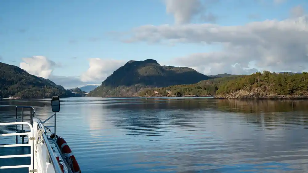 a flat calm fjord reach with a wooded headland and low mountains