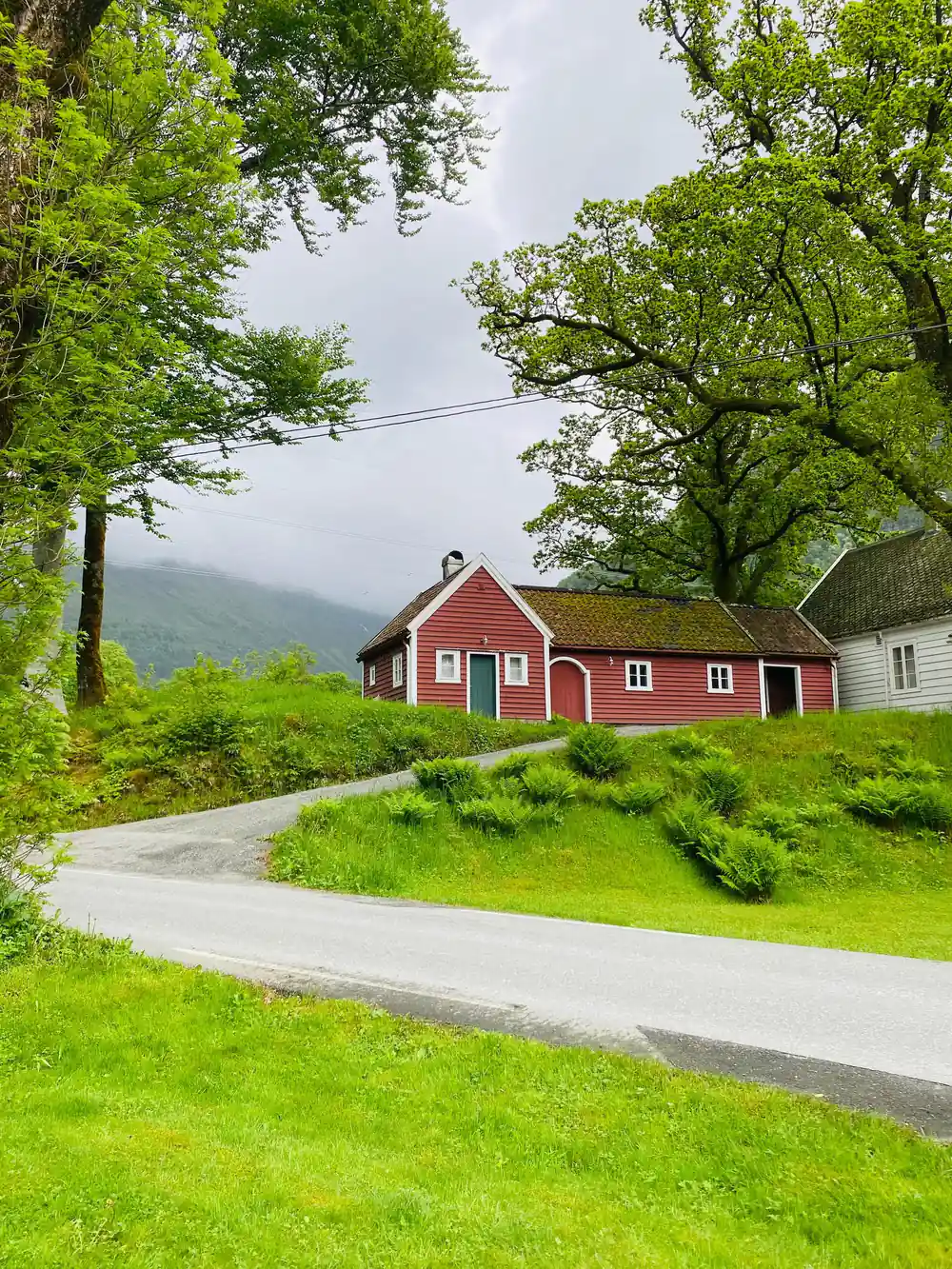 a red timber house above the road with the fjord below
