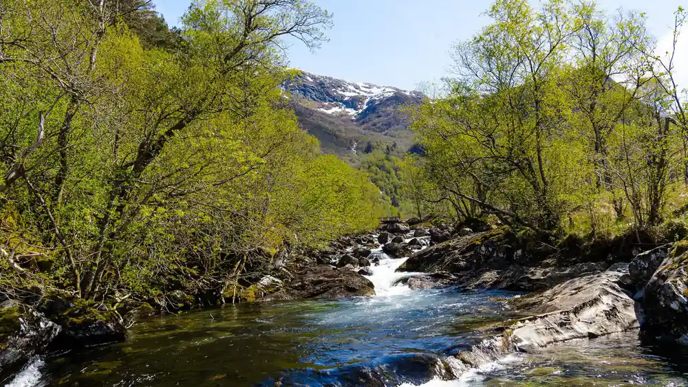 a river running white over boulders below snow-streaked mountains