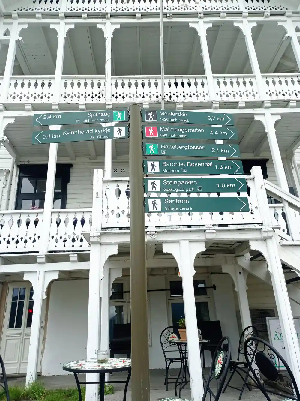 the Rosendal signpost giving distances to Sjethaug, Melderskin, Hattebergfossen and Baroniet