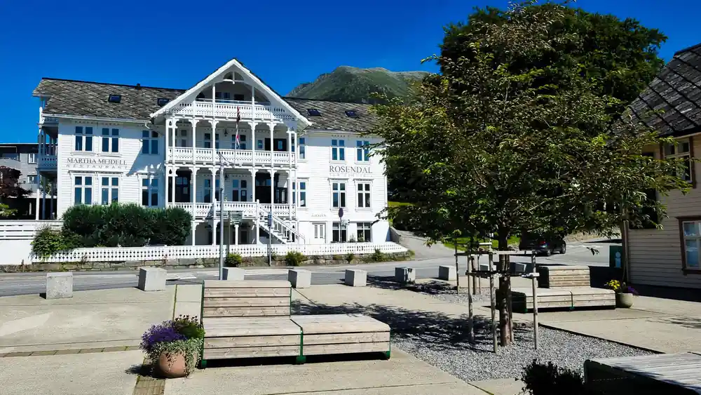 the white timber Hotel Rosendal with its verandas and painted balconies